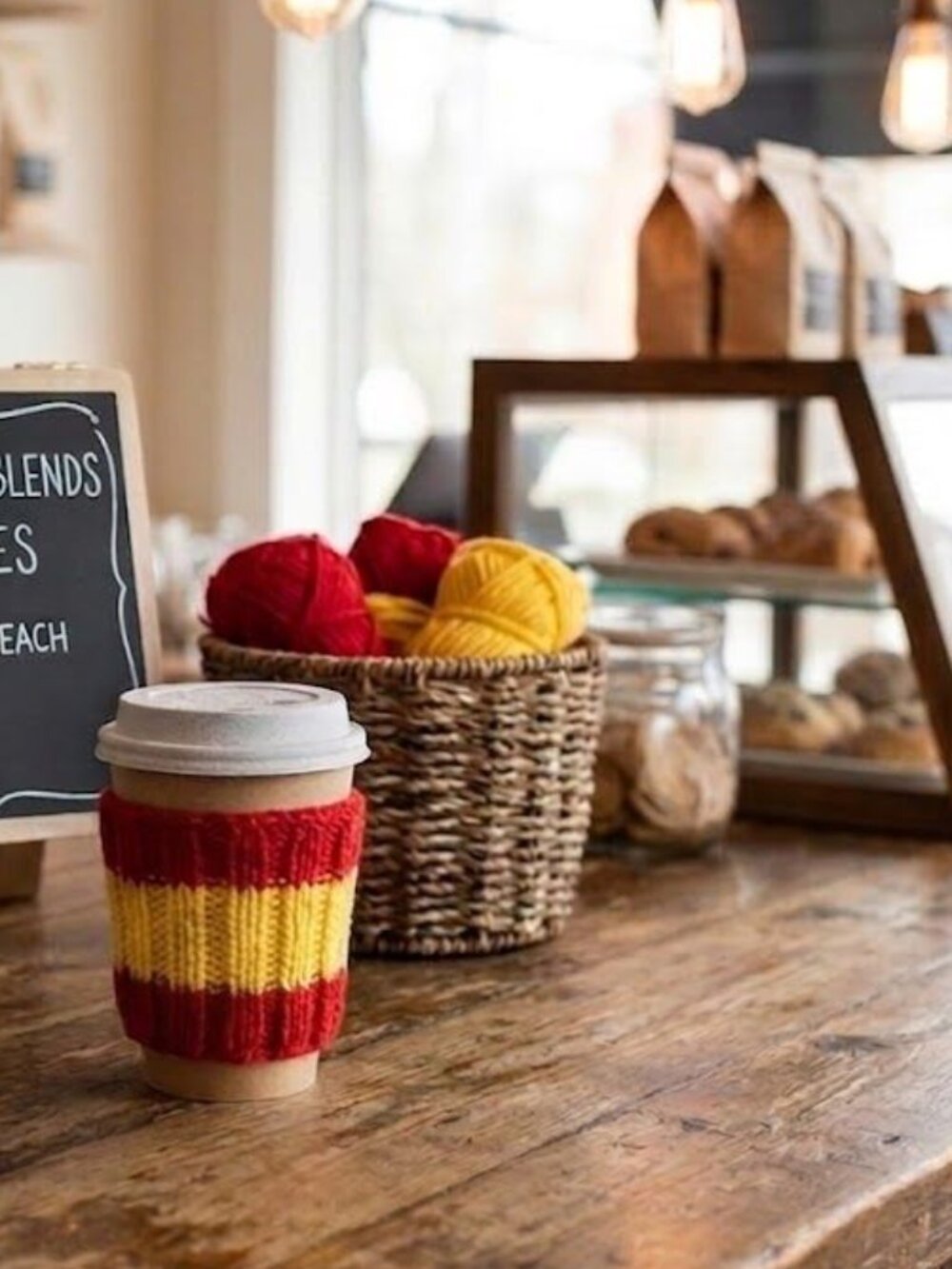 Hand-Knit Cup & Can Cozy – Reusable Coffee Sleeve & Soccer Fan Accessory SPAIN